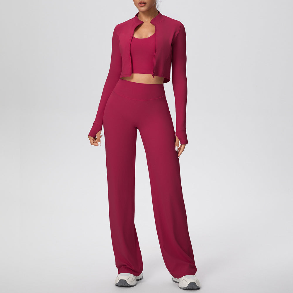pure color brushed tight halter vest wide-leg long three-piece set sports running fitness yoga clothes suit
