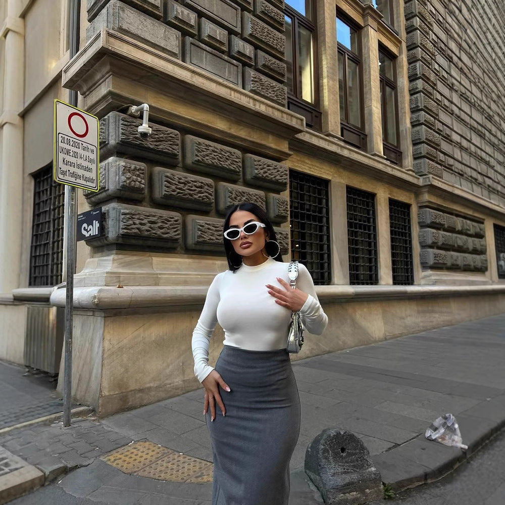 European and American fashion spring and autumn women's clothing long-sleeved semi-turtleneck T-shirt Spice girl tight top slim-fitting women's T-shirt