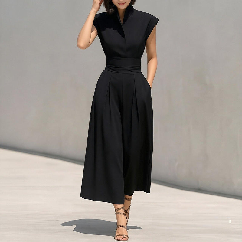 new summer women's clothing: cross-border european and american style dress - fashionable and elegant stand collar solid color flutter sleeve dress
