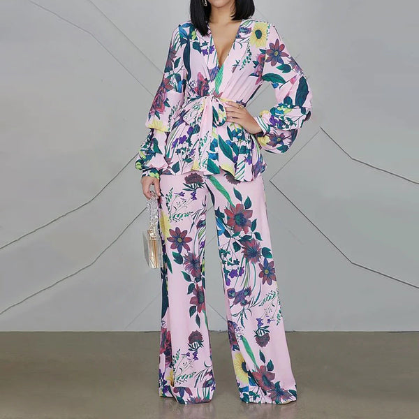 Spot 2025 new European and American women's clothing fashion printing V-neck bubble sleeve large size shirt high waist wide leg pants set