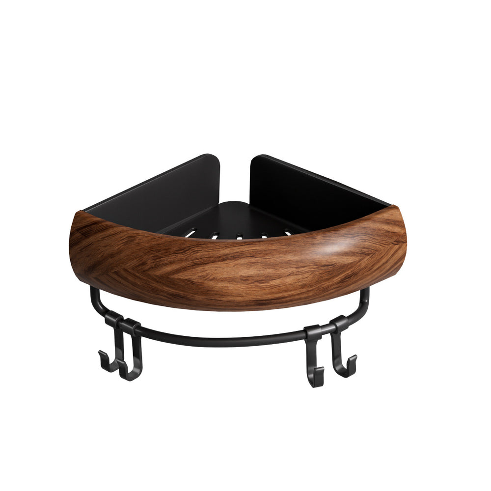 Walnut wood chinese style bathroom corner shelf - no drilling required - hand wash, toilet, and shower gel organizer
