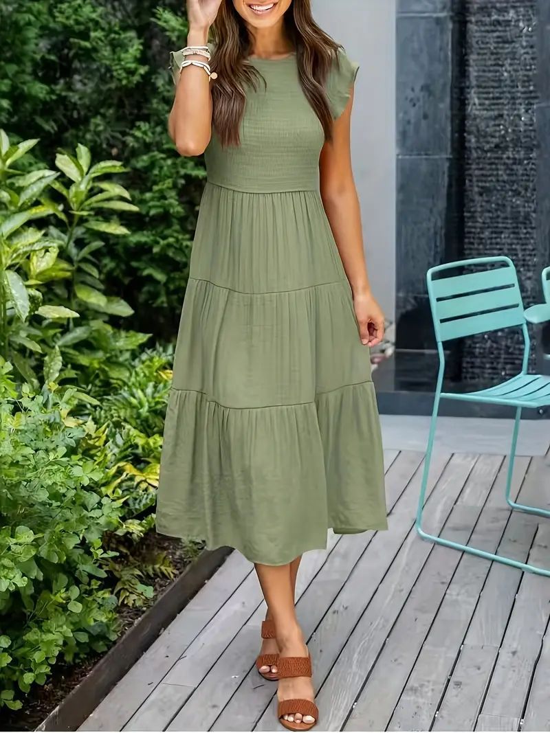summer women's short-sleeve dress : fashionable solid color, slim-fit, figure-flattering, mid-length, versatile