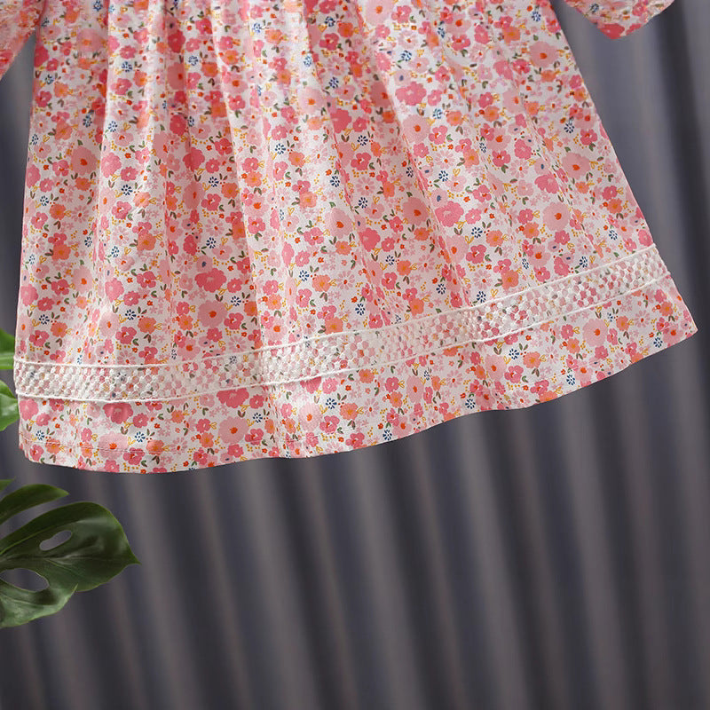 Princess dress for girls, baby summer pink floral dress, girls' dress with shell lace collar, elegant outing dress