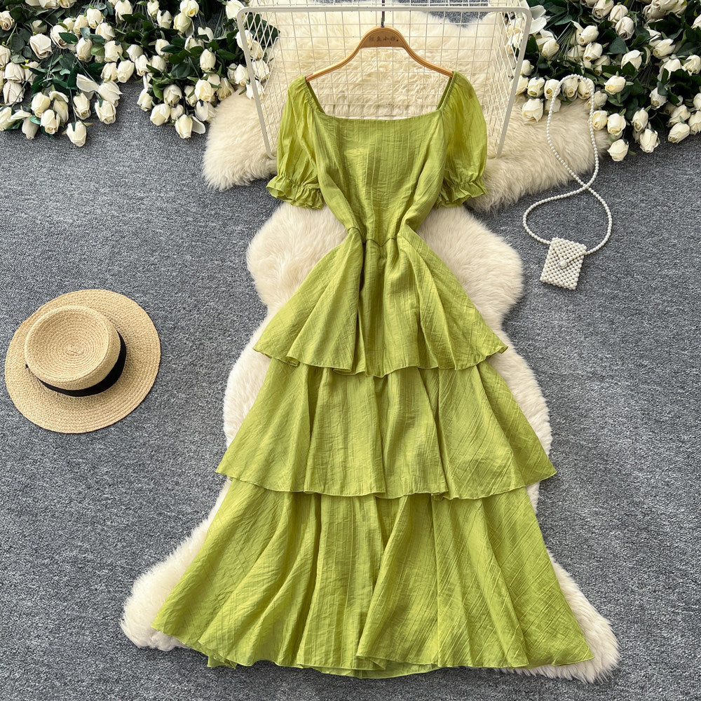French holiday style puff sleeve square neck dress women's summer pleated waist slimming look layered ruffles cake skirt