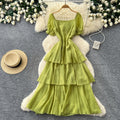French holiday style puff sleeve square neck dress women's summer pleated waist slimming look layered ruffles cake skirt