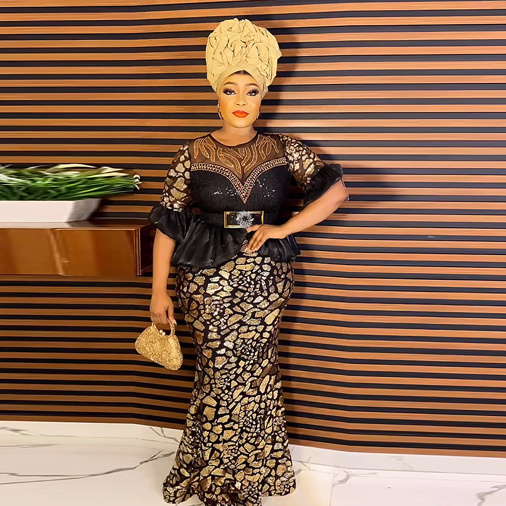 New african autumn/winter rhinestone & sequin party evening dress -  women's stretch mesh dress