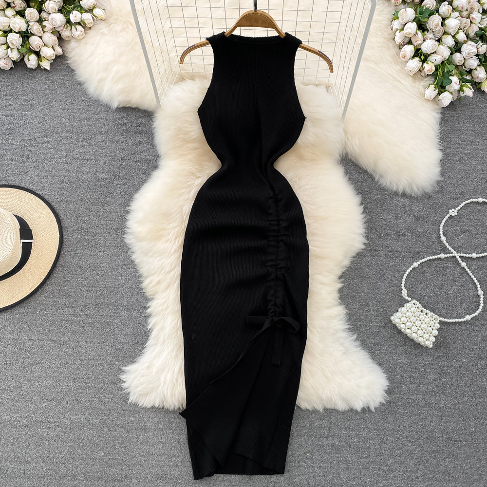 Retroelegant vest dress classy waist slimming look pleated drawstring long bottom hip-hugging knittingdress