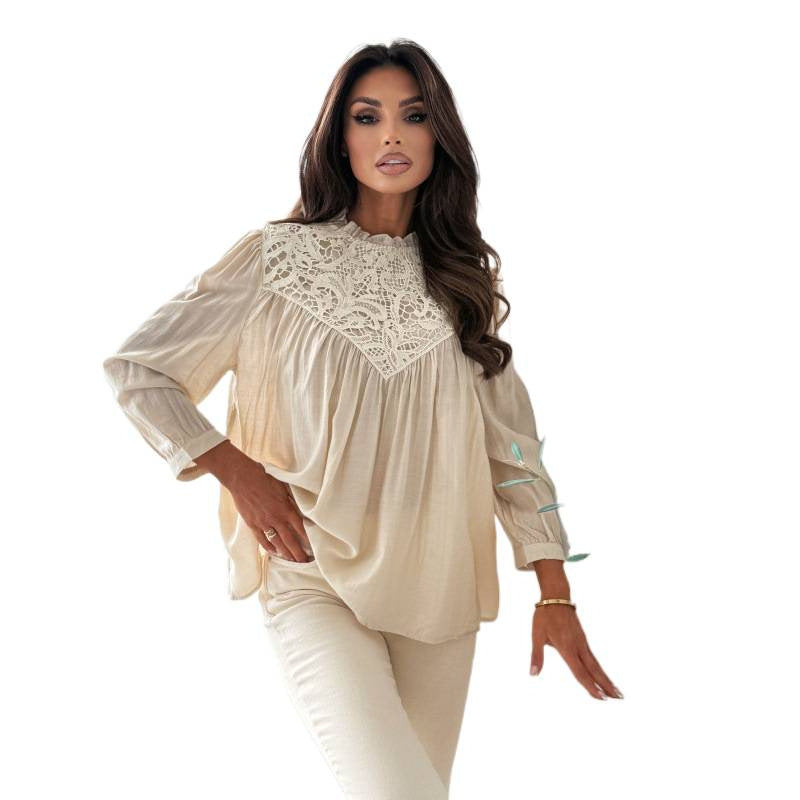 Aliexpress new arrival: round neck long sleeve ruffle collar pleated top blouse