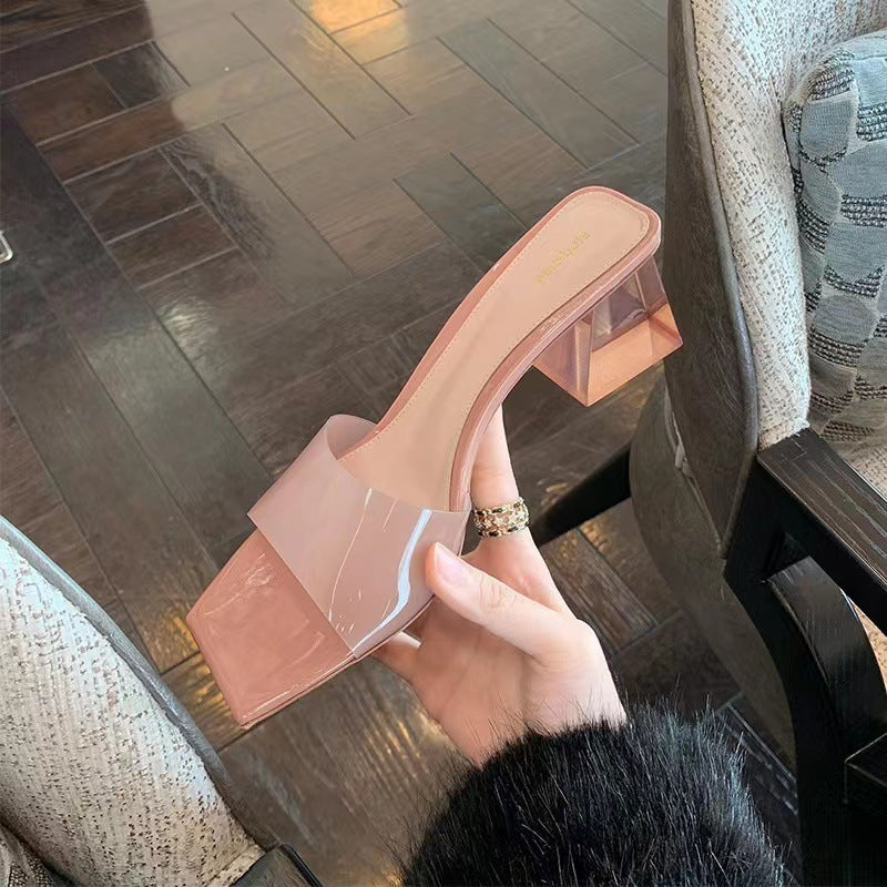 Transparent crystal slippers for women, perfect for wearing outdoors. new for summer 2023, these chunky high-heeled, square-toe, open-toe sandals are ideal for summer wear