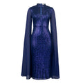 plus size navy blue sequindress stand collar cut out cape sleeve silm hip-covering banquet dress dress