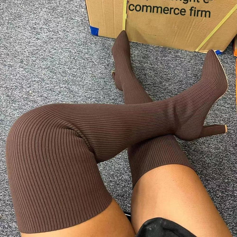 Sock boots women's  summer autumn new arrival elastic boots over the knee thick heel pointed toe slim boots knitting socks autumn winter