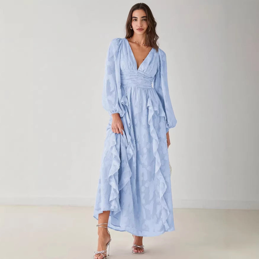 early spring new arrival: comfortable chiffon ruffle-trimmed, waist-cinching v-neck elegant maxi dress for women