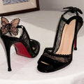 2026 new fish mouth patent leather lace bow red sole high heels stiletto heel hollow-out french style women's summer pumps
