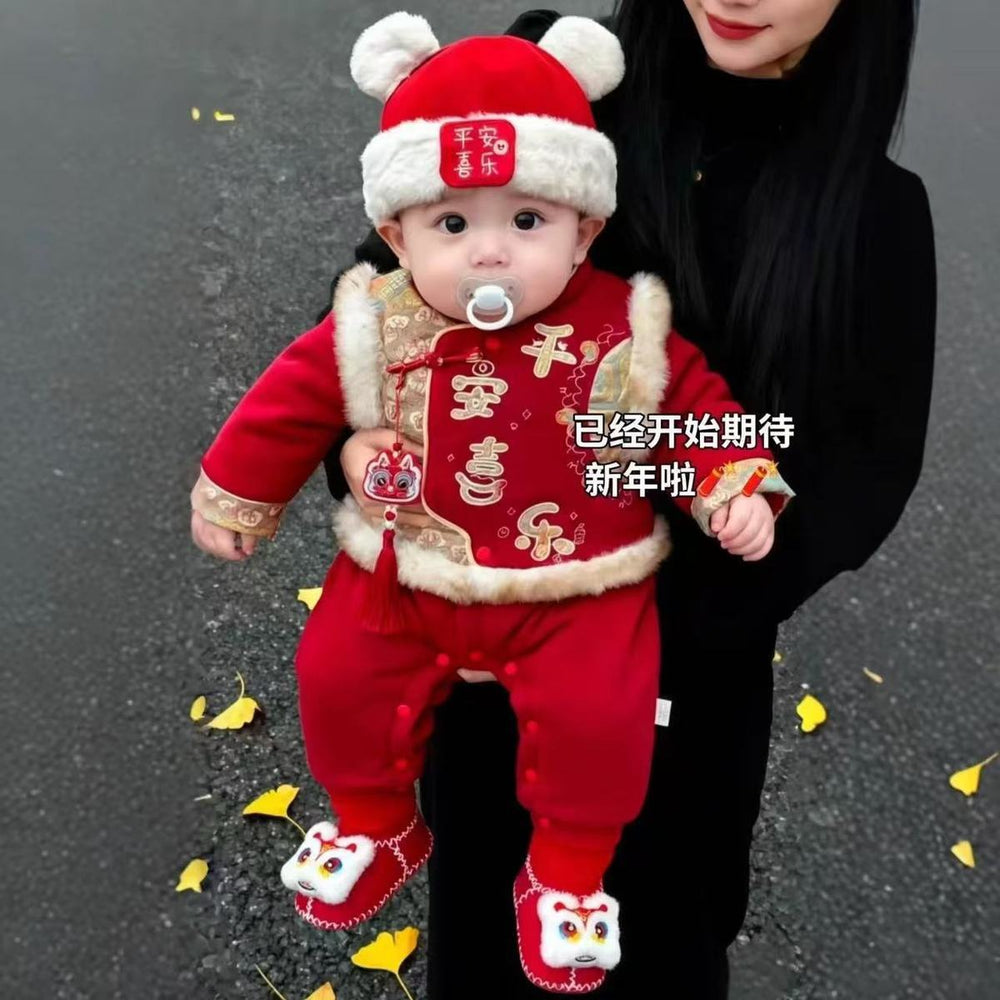 Winter thickened warm baby red new year romper jumpsuit new year's greeting outfit two-piece trendy set for going out