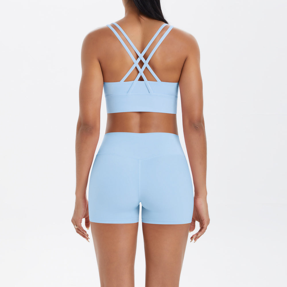 Fashion cross-border nude brushed cross back bra casual sports hip lifting shorts fitness yoga wear two-piece set