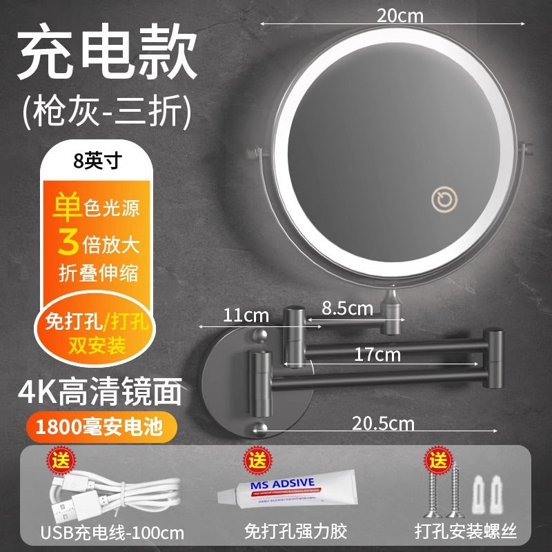 Toilet mirror folding non-punching hotel bathroom cosmetic mirror wall hanging telescopic double-sided LED beauty mirror with lamp