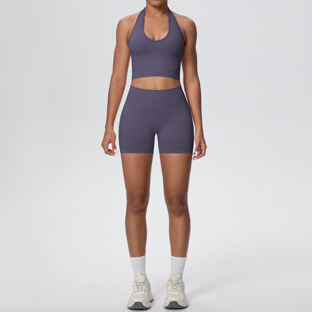 fashion seamless breathable halter back yoga suit running sports fitness yoga suit two-piece set for women