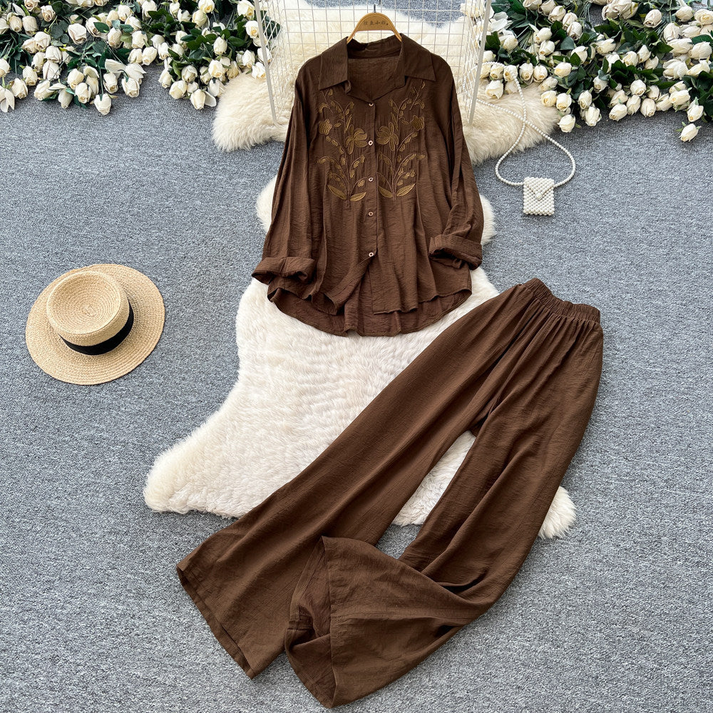 Lazy style pink embroideringshirtloose pantstwo-piece set female autumcasualcasualwork clothingslimming lookelegantsuit