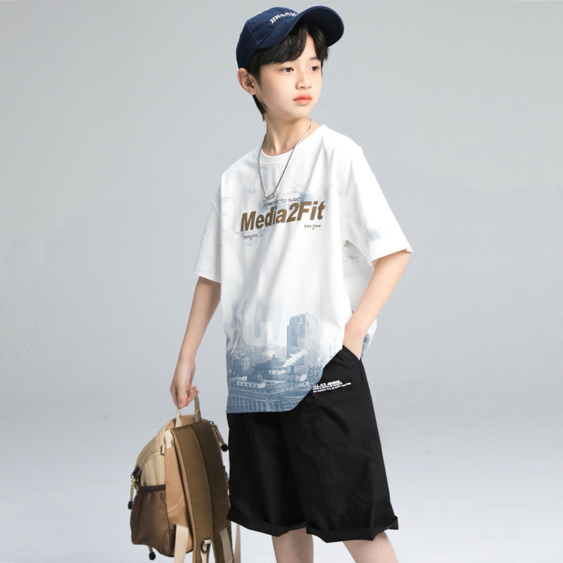 Boys' short-sleeve and shorts set: trendy crew neck t-shirt for boys, summer , versatile base layer, athletic top
