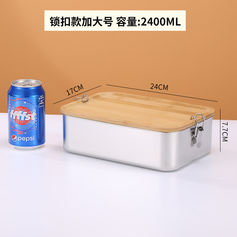 304 stainless steel Japanese fresh-keeping box with bamboo cover storage refrigerator storage rectangular wooden cover lunch box stainless steel box
