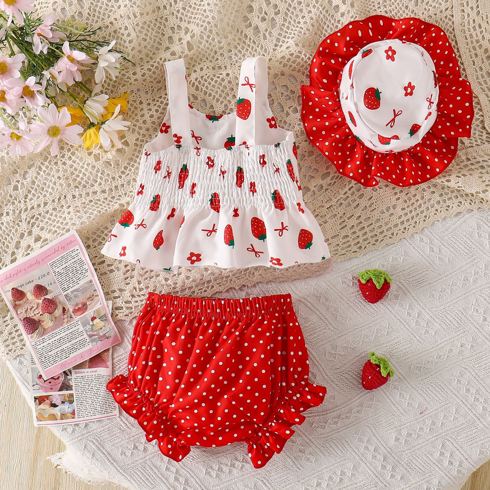 Children's clothing shein cross-border girl suit suspender tops+shorts+hat suit