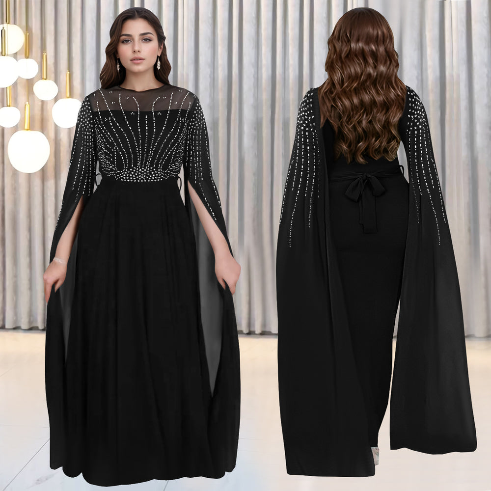 C7392 cross-border   fashion women's elegant hotfix rhinestone see-through dress
