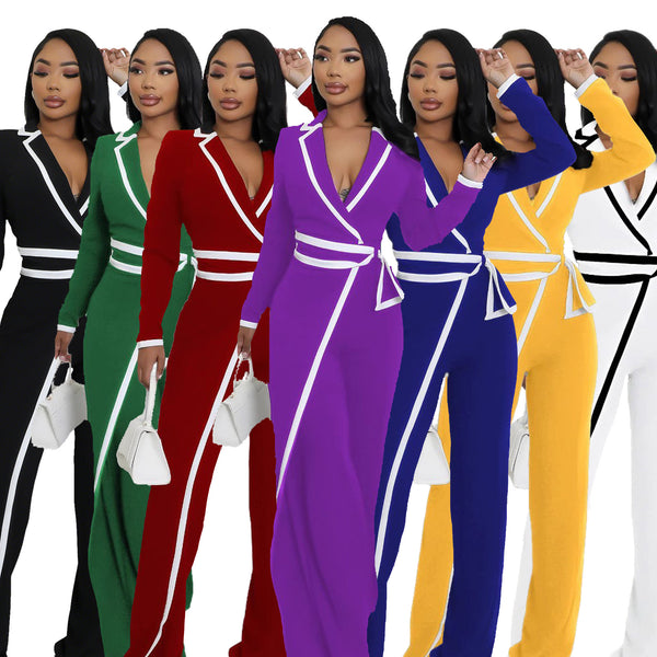 TD2794 European and American   fashion women's clothing autumn and winter belt design two-color splicing long-sleeved jumpsuit