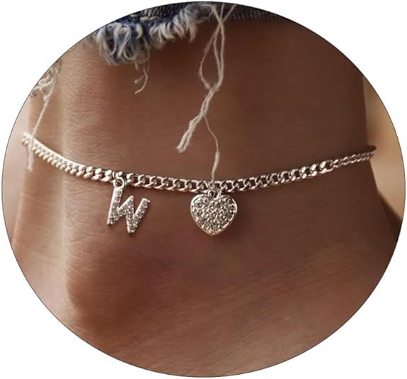 Amazon exquisite silver initial anklet - minimalist personalized letter anklet with cz heart cuban chain