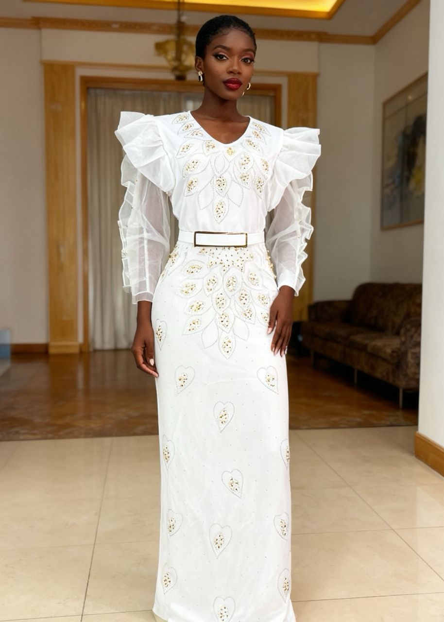 New fashion slim-fit african cross-border supply: rhinestone & beaded organza ruffle sleeve evening dress/gown