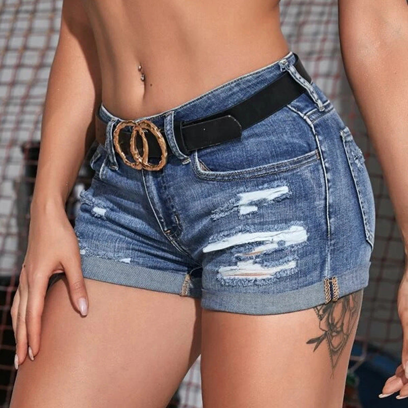 European and american denim shorts: new arrivals, hot-selling, fashionable, versatile, distressed, rolled hem, capri length, washed and ripped denim shorts