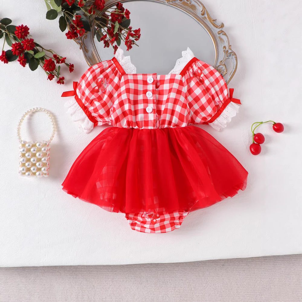 Infant short-sleeve bodysuit with red and white plaid mesh tutu skirt - baby girl's first birthday dress, princess style, ready to ship
