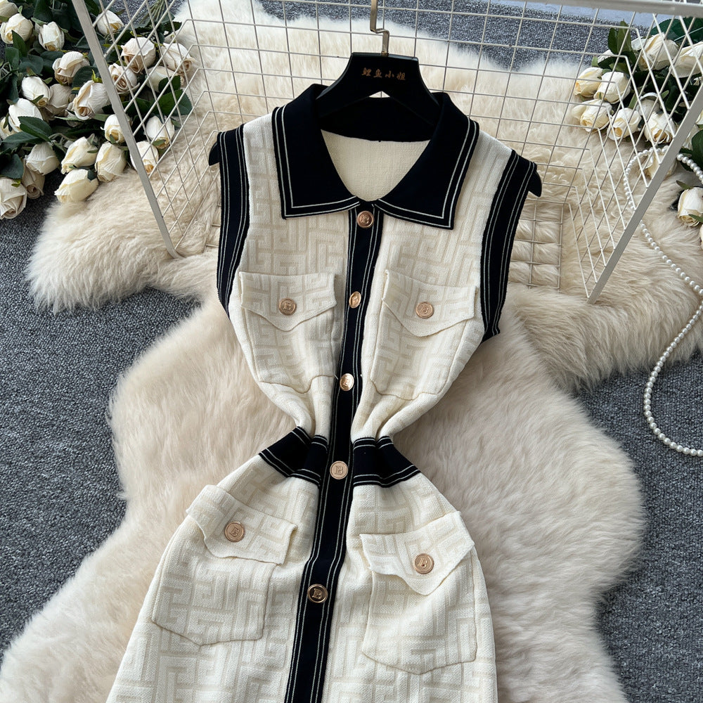 Xiaoxiangfeng sweaterdress women's winter  new arrivalfrenchretrofashioncontrast color metal buckle waist long skirt