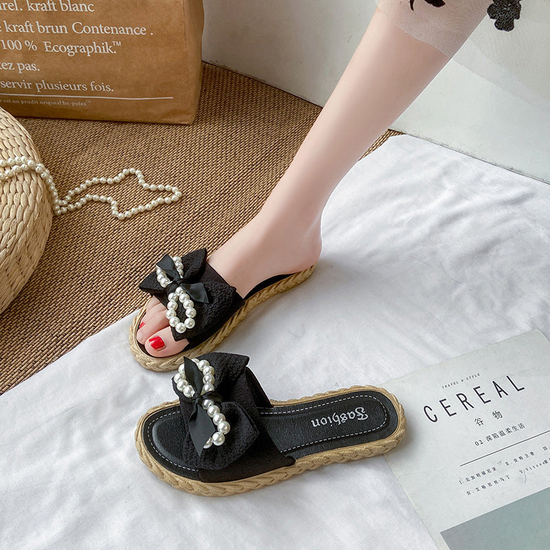 New women's summer slippers - korean style, wearable outdoors, pearl & bowknot flower beach sandals, women's ins flat slippers
