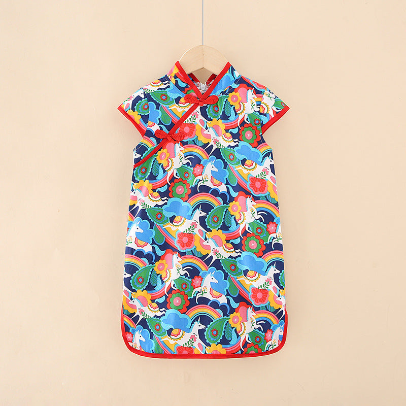 Tang suit ethnic cheongsam spring summer dress kidshan dynasty improved children's clothing small and medium-sized children's princess dress short-sleeved children's dress