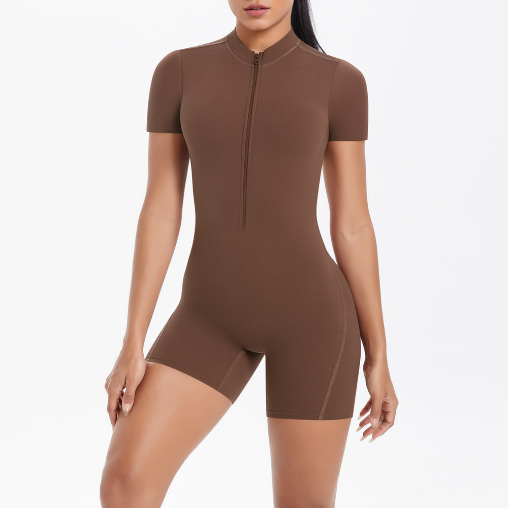 New arrival cross-border fashionpure color zipper beautiful back tight one-piece yoga wear breathable sports running fitness jumpsuit