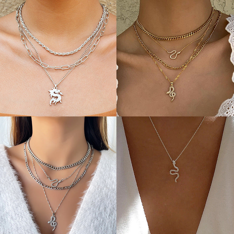 Wholesale snake necklace fashion jewelry - european & american style, summer electroplated, unique & trendy, vintage snake pendant, sweater chain for women