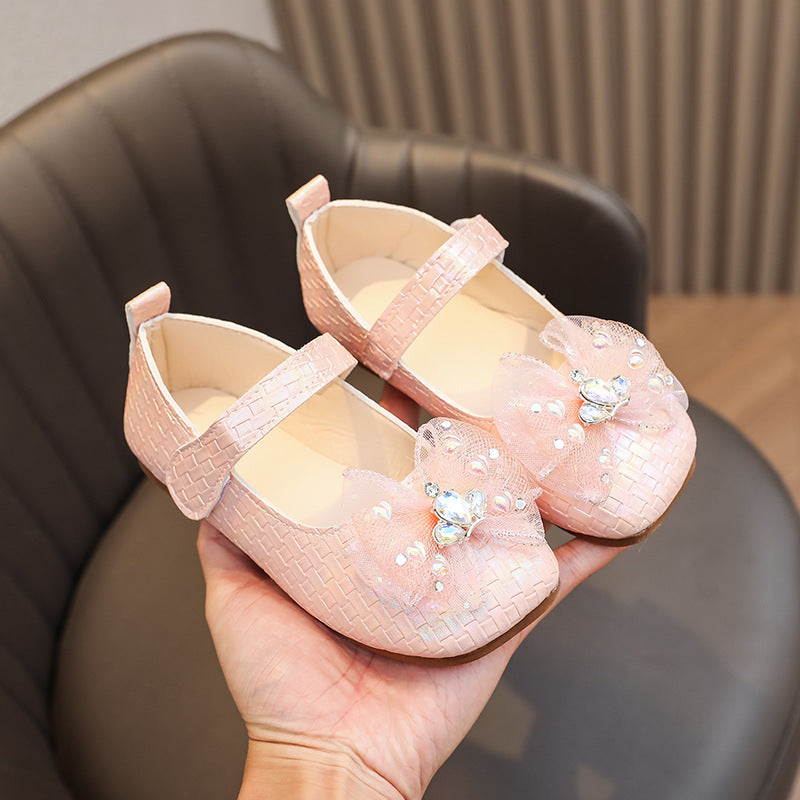 Preppy stylekidsflats square toe springnew arrivalk-style big bowsgirl princess shoes children's leather shoes