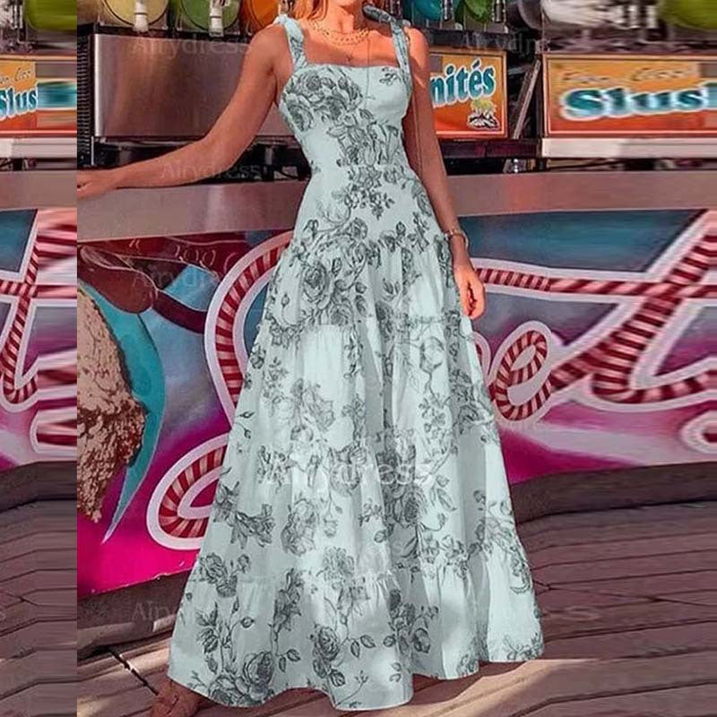 Custom  foreign trade european and american women's clothing new commuter camisole maxi dress - elegant, stylish, printed, high-waisted dress