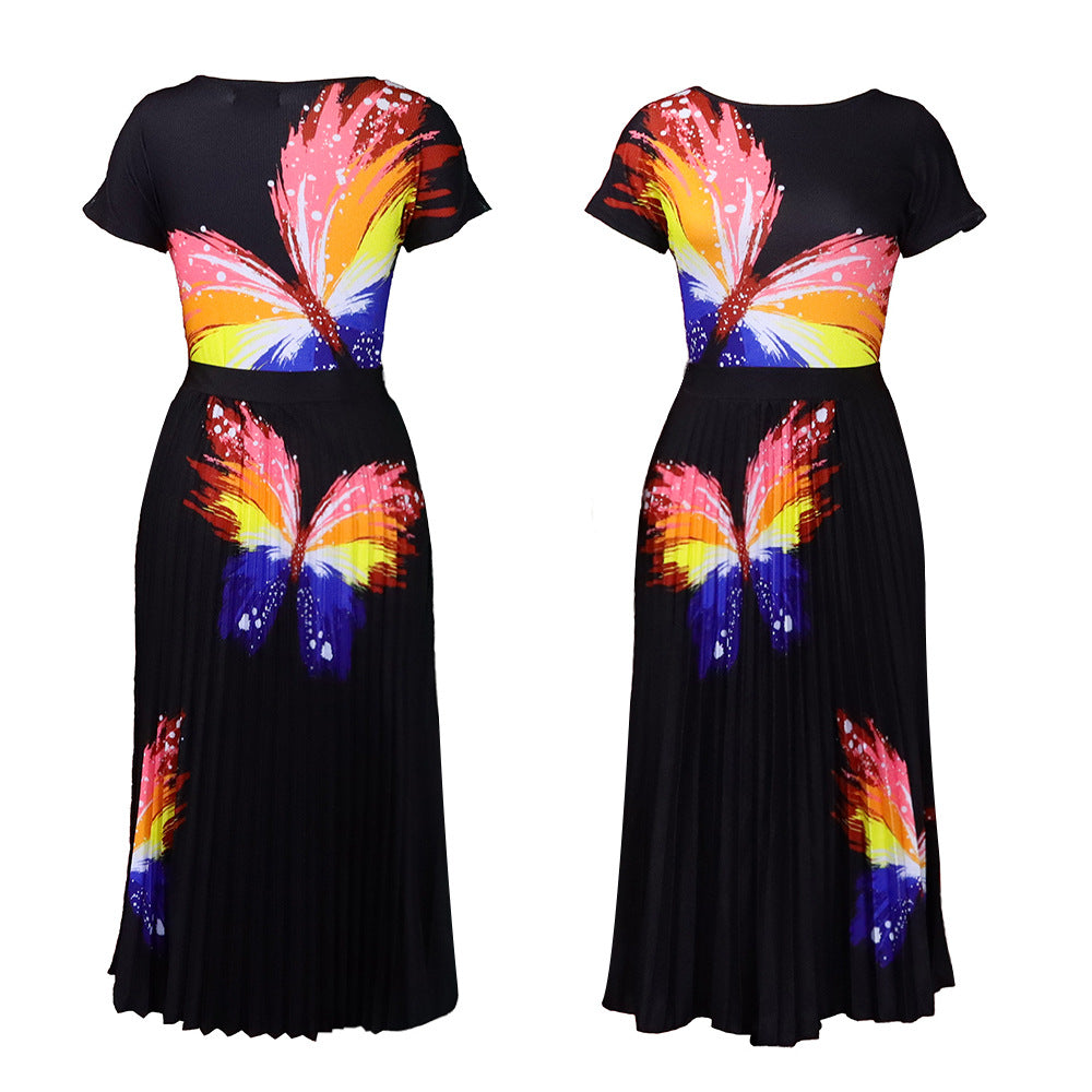 Q067 european and american style women's clothing  new fashion printed top and pleated high-waisted midi skirt two-piece set for export