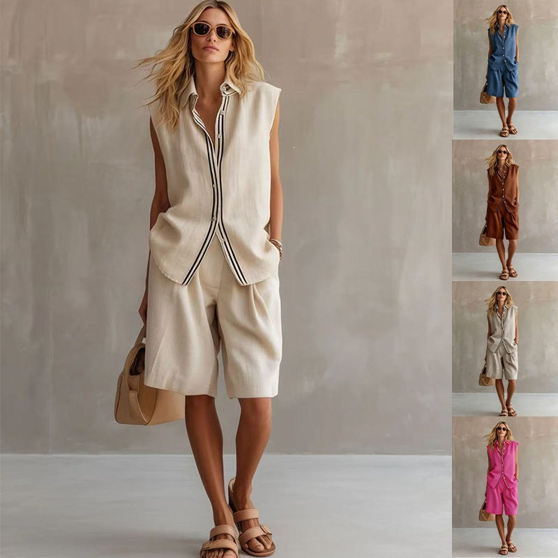 european and american cross-border summer casual fashion women's single-breasted sleeveless linen blazer and pants set