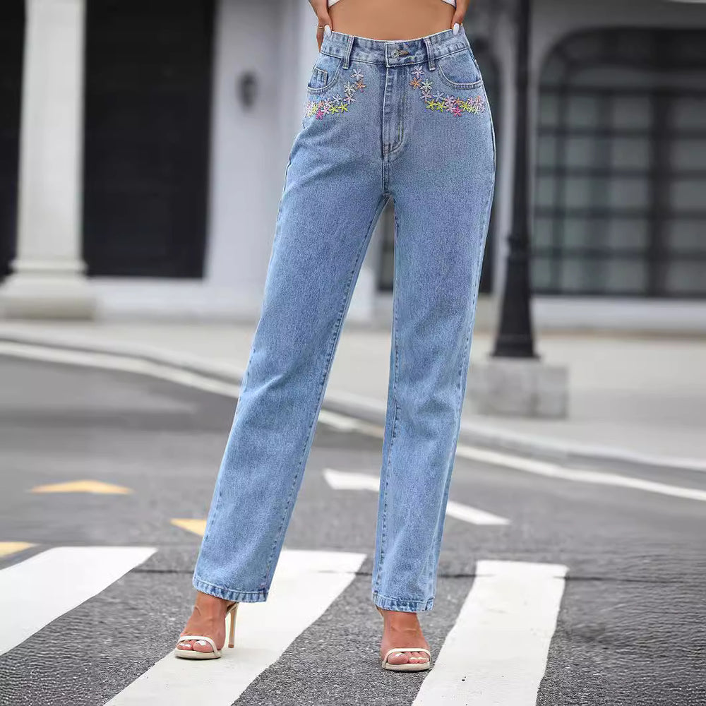 35573#  fashion cross-border high waistdrapedstraight-legjeans women's loosecasualeasiest for match denim pants