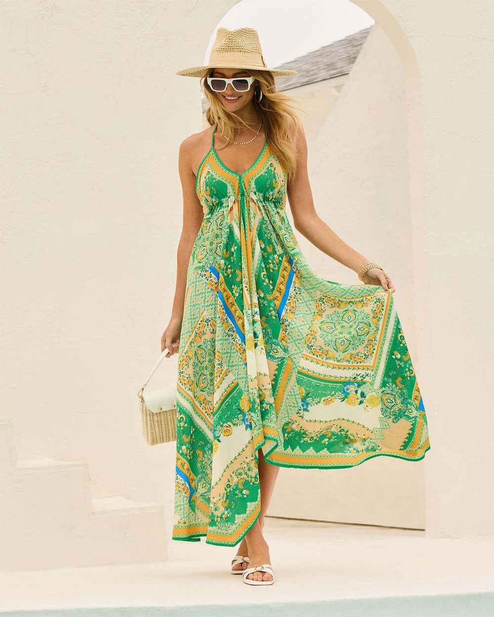 2025 new spring/summer off-the-shoulder v-neck women's camisole printed fairycore long elegant gown maxi dress