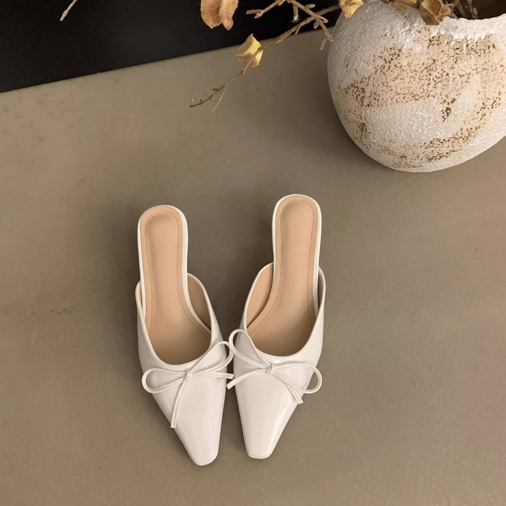 2025 summer new bowknot mid-heel mule sandals - closed toe, plus size, high heel single shoes, summer slippers