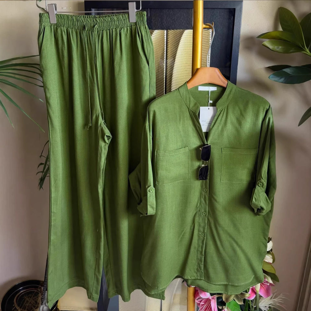 European and american cross-border women's clothing  summer new collection: casual, effortless style, loose-fit long sleeve shirt and wide-leg pants set