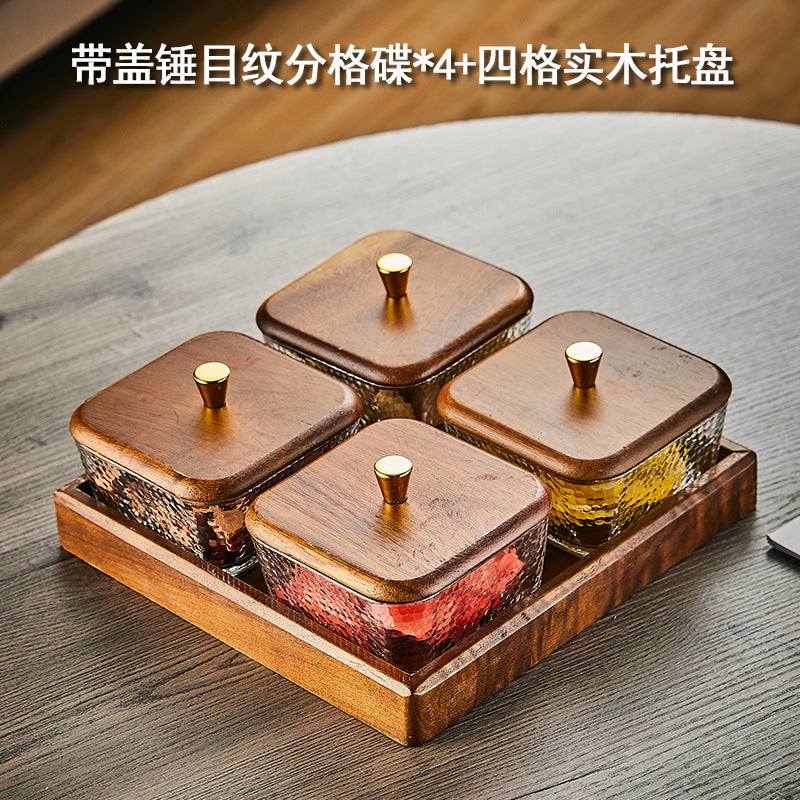 Walnut wood fruit bowl snack storage box - premium glass dried fruit dish - coffee table dessert & candy organizer