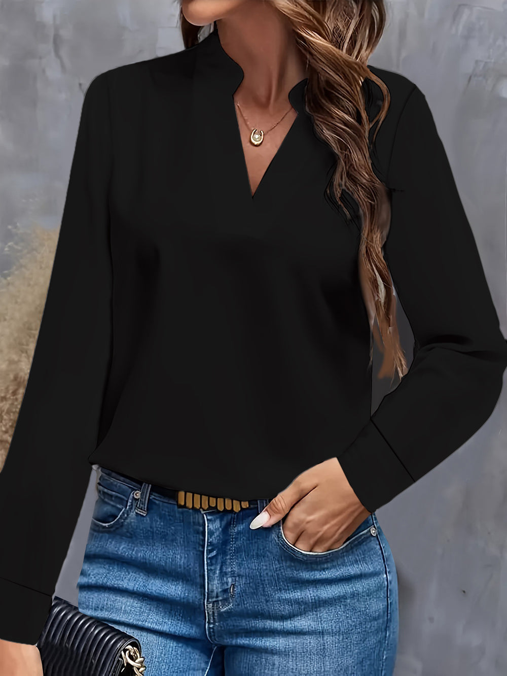 2024 independent station wish amazon hot style autumn casualpure color v neck loose shirt tops women