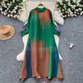 European and american chic gradient print dress - women's loose fit casual 3d floral lantern sleeve pleated maxi dress