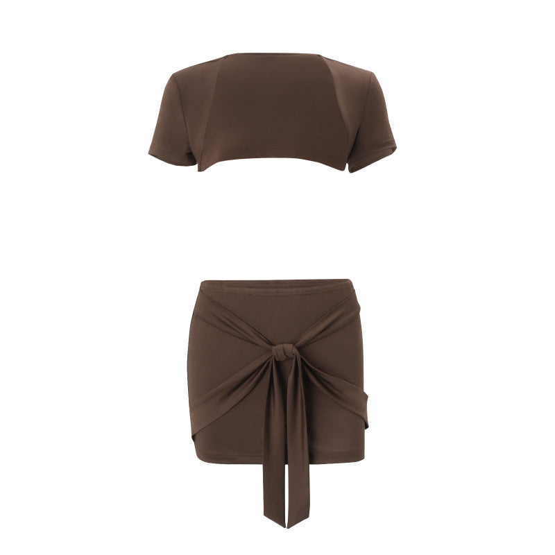 summer new women's sexy & sweet halter top with asymmetrical neckline & tie-waist mini skirt set