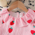 Summer girls' pink striped strawberry sleeveless set - kids' ruffle collar bubble cotton tank top and wide-leg pants two-piece trendy outfit