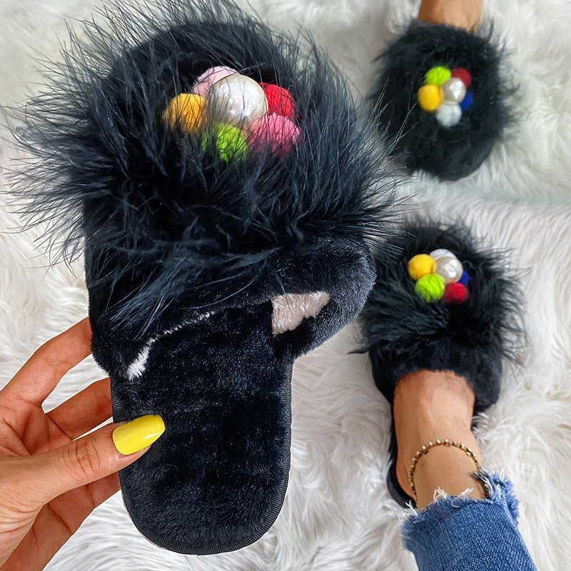 Furry slippers women's indoor and outdoor 2024 fall and winternew arrivalpopular flat heel pearl toe real hair heattech cotton slippers women